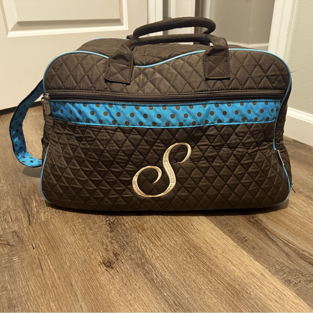 Monogrammed Duffel Bag, Brown with Blue Accents